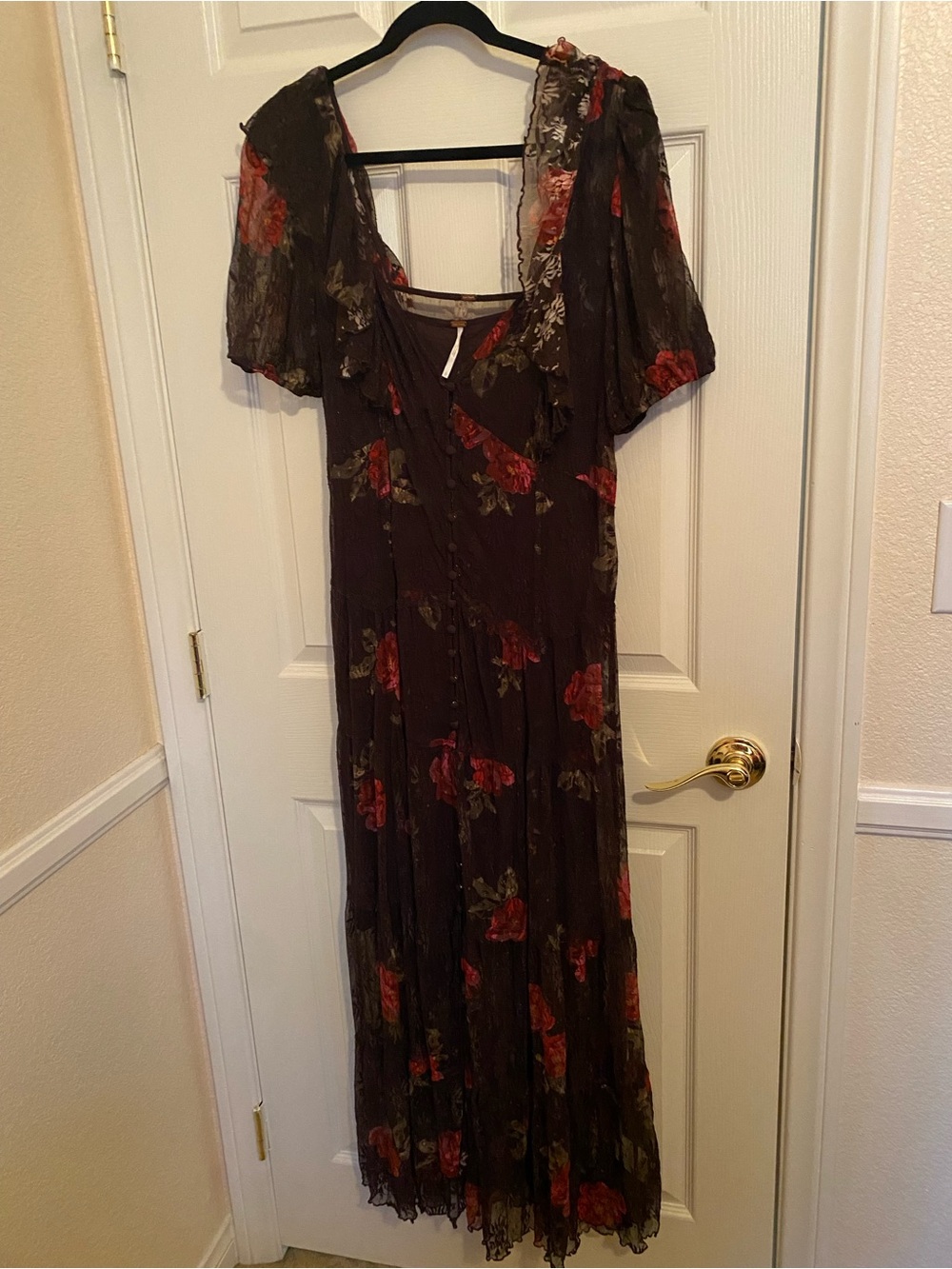 Free People Hollis Maxi Dress L Large Cola Brown Rose Floral long sleeve